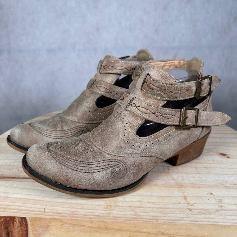Roper Ankle Booties Women 8 Tan Good Western Embroidered Buckle Cut Out